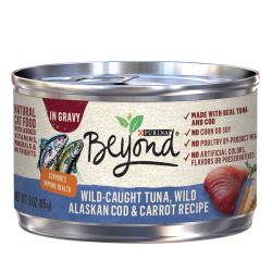 Alimento húmedo para gatos Beyond, receta de atún capturado en la naturaleza, bacalao salvaje de Alaska y zanahoria en salsa preparada con jugo de cocción