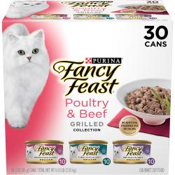 Paquete surtido de 30 latas de alimento húmedo para gatos Fancy Feast de la colección <i>gourmet</i> de carne de aves y res asada
