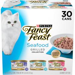 Paquete variado de 30 latas de alimento húmedo para gatos Fancy Feast de la colección de mariscos asados <i>gourmet</i>