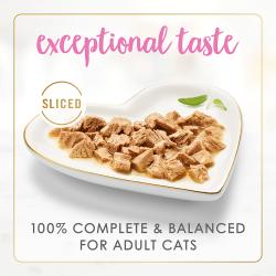 Exceptional taste. Sliced. 100% complete & balanced for adult cats.