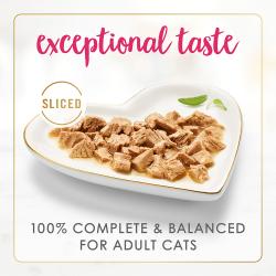 Exceptional taste. Sliced. 100% complete & balanced for adult cats.