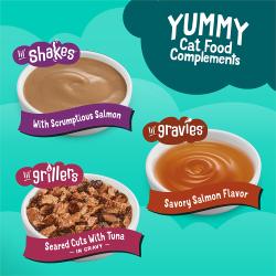 Deliciosos complementos de alimento para gatos: Lil’ Shakes con salmón delicioso, Lil’ Gravies con sabroso sabor a salmón, Lil’ Grillers Seared Cuts con atún en salsa preparada con jugo de cocción