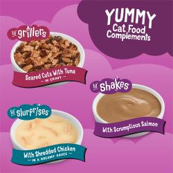 Deliciosos complementos de alimentos para gatos: Lil’ Grillers Seared Cuts con atún en salsa preparada con jugo de cocción, Lil’ Shakes con salmón delicioso, Lil’ Slurprises con pollo rallado en una salsa de ensueño