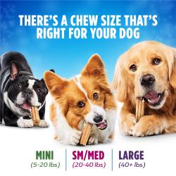 There’s a chew size that’s right for your dog. Mini (5-20 lbs), Small/Medium (20-40 lbs), Large (40+ lbs).
