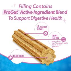 Filling contains ProGut™ active ingredient blend to support digestive health. Filled treat, eight distinct ridges, chewy texture helps clean hard-to-reach teeth down to the gumline.