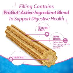 El relleno contiene una mezcla de principio activo ProGut™ para apoyar la salud digestiva. Bocadillo relleno, ocho surcos distintos y una textura masticable ayudan a limpiar los dientes difíciles de alcanzar hasta la línea de las encías.