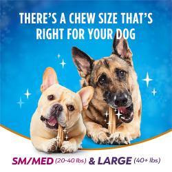 There’s a chew size that’s right for your dog. Small/Medium (20-40 lbs) & Large (40+ lbs).