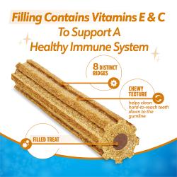 El relleno contiene vitaminas E y C que ayudan a apoyar un sistema inmunitario saludable. Un bocadillo relleno, con ocho surcos distintos y una textura masticable que ayuda a limpiar los dientes difíciles de alcanzar hasta la línea de las encías.