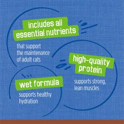 Includes all essential nutrients that support the maintenance of adult cats. High-quality protein supports strong, lean muscles. Wet formula supports healthy hydration.