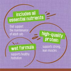 Includes all essential nutrients that support the maintenance of adult cats. High-quality protein supports strong, lean muscles. Wet formula supports healthy hydration.