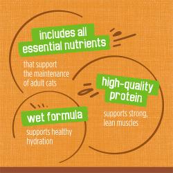 Incluye todos los nutrientes esenciales que los gatos adultos necesitan. Proteína de alta calidad que promueve músculos fuertes y magros. Las fórmulas húmedas ayudan a apoyar una hidratación saludable.