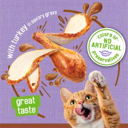 With turkey in savory gravy. Great taste. No artificial colors or preservatives seal.
