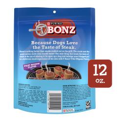 12 oz T-Bonz Filet Mignon Flavor Steak-Shaped Dog Treats back package.