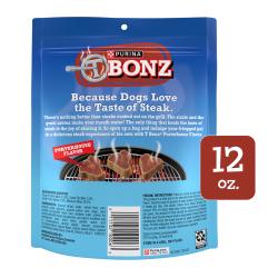 12 oz T-Bonz Porterhouse Flavor Steak-Shaped Dog Treats back package.