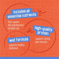 Includes all essential nutrients that support the maintenance of adult cats. High-quality protein supports strong, lean muscles. Wet formula supports healthy hydration.