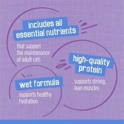 Includes all essential nutrients that support the maintenance of adult cats. High-quality protein supports strong, lean muscles. Wet formula supports healthy hydration.
