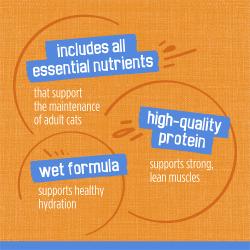 Includes all essential nutrients that support the maintenance of adult cats. High-quality protein supports strong, lean muscles. Wet formula supports healthy hydration.
