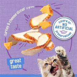 Turkey & cheese dinner in gravy. Great taste. No artificial colors or preservatives seal.