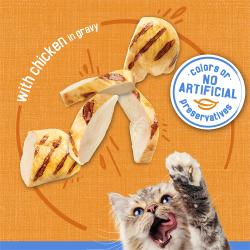 With chicken in gravy. No artificial colors or preservatives seal.