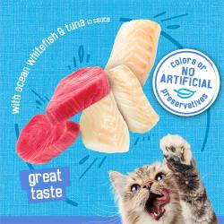With ocean whitefish and tuna in sauce. Great taste. No artificial colors or preservatives seal.