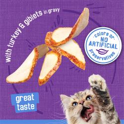 With turkey and giblets in gravy. Great taste. No artificial colors or preservatives seal.