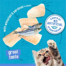 With whitefish and sardines in sauce. Great taste. No artificial colors or preservatives seal.