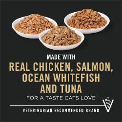 Elaborado con carne real de pollo, salmón y pescado blanco y atún