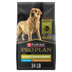 34 pound bag of Purina Pro Plan Large Breed Weight Management Chicken & Rice Formula dry dog food.