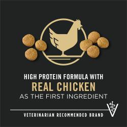 Purina Pro Plan Large Breed Weight Management Chicken & Rice dry dog food is high protein and made with real chicken.