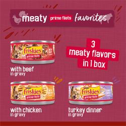 Paquete surtido de 24 unidades de alimento húmedo para gatos Friskies Meaty Prime Filets Favorites