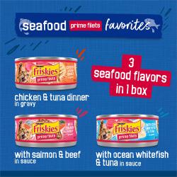 Paquete surtido de 24 unidades de alimento húmedo para gatos Friskies Seafood Prime Filets Favorites