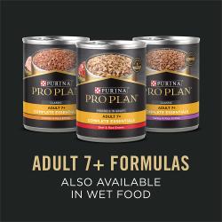 Three cans of Purina Pro Plan Adult 7+ Chicken, Beef, and Turkey & Rice senior wet dog food