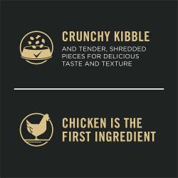 Dog food package label highlighting 'Crunchy Kibble' and 'Chicken is the First Ingredient'