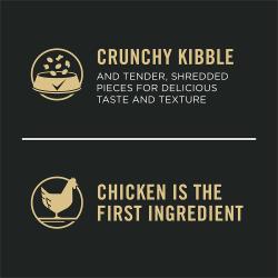 Etiqueta del paquete de alimento para perros que resalta “Croquetas crujientes” y “El pollo es el primer ingrediente”