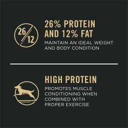 Dog food package label highlighting '26% Protein and 12% Fat' and 'High Protein'