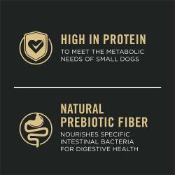 Dog food package label highlighting 'High Protein' and 'Natural Prebiotic Fiber'