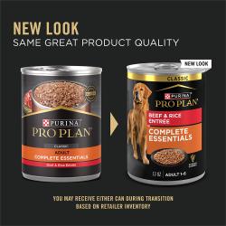 New updated packaging for Purina Pro Plan Complete Essentials beef and rice wet dog food