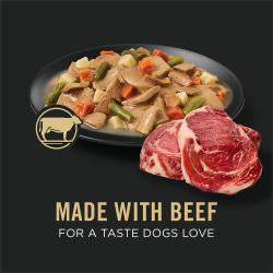 Dog food package label highlighting Made with Beef for a Taste Dogs Love