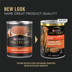 New packaging for Purina Pro Plan Complete Essentials chicken and carrots grain free wet dog food