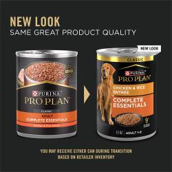 New updated packaging for Purina Pro Plan Complete Essentials chicken and rice wet dog food