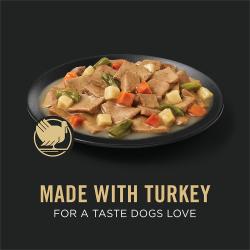 Dog food package label highlighting Made with Turkey for a Taste Dogs Love