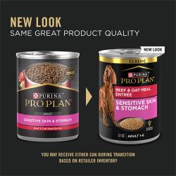 New updated packaging for Purina Pro Plan Sensitive Skin and Stomach beef and oat meal wet dog food