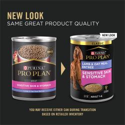New updated packaging for Purina Pro Plan Sensitive Skin and Stomach lamb and oat meal wet dog food