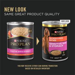 New updated packaging for Purina Pro Plan Sensitive Skin and Stomach salmon and rice wet dog food