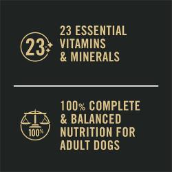 Dog food package label with 23 Essentials Vitamins and Minerals and Complete and Balanced Nutrition