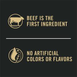 Dog food package label highlighting 'Beef is the First Ingredient' and 'No Artificial Flavors'