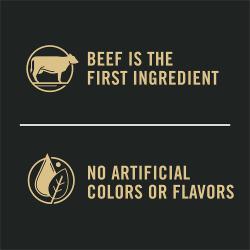 Dog food package label highlighting 'Beef is the First Ingredient' and 'No Artificial Flavors'