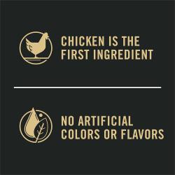Etiqueta del paquete de alimento para perros que resalta “El pollo es el primer ingrediente” y “Sin sabores artificiales”