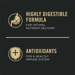 Etiqueta del paquete de alimento para perros que resalta “Antioxidantes” y “Fórmula altamente digestible”