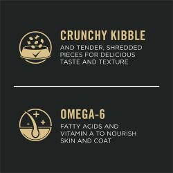 Etiqueta del paquete de alimento para perros que resalta “Ácidos grasos omega-6” y “Croquetas crujientes”